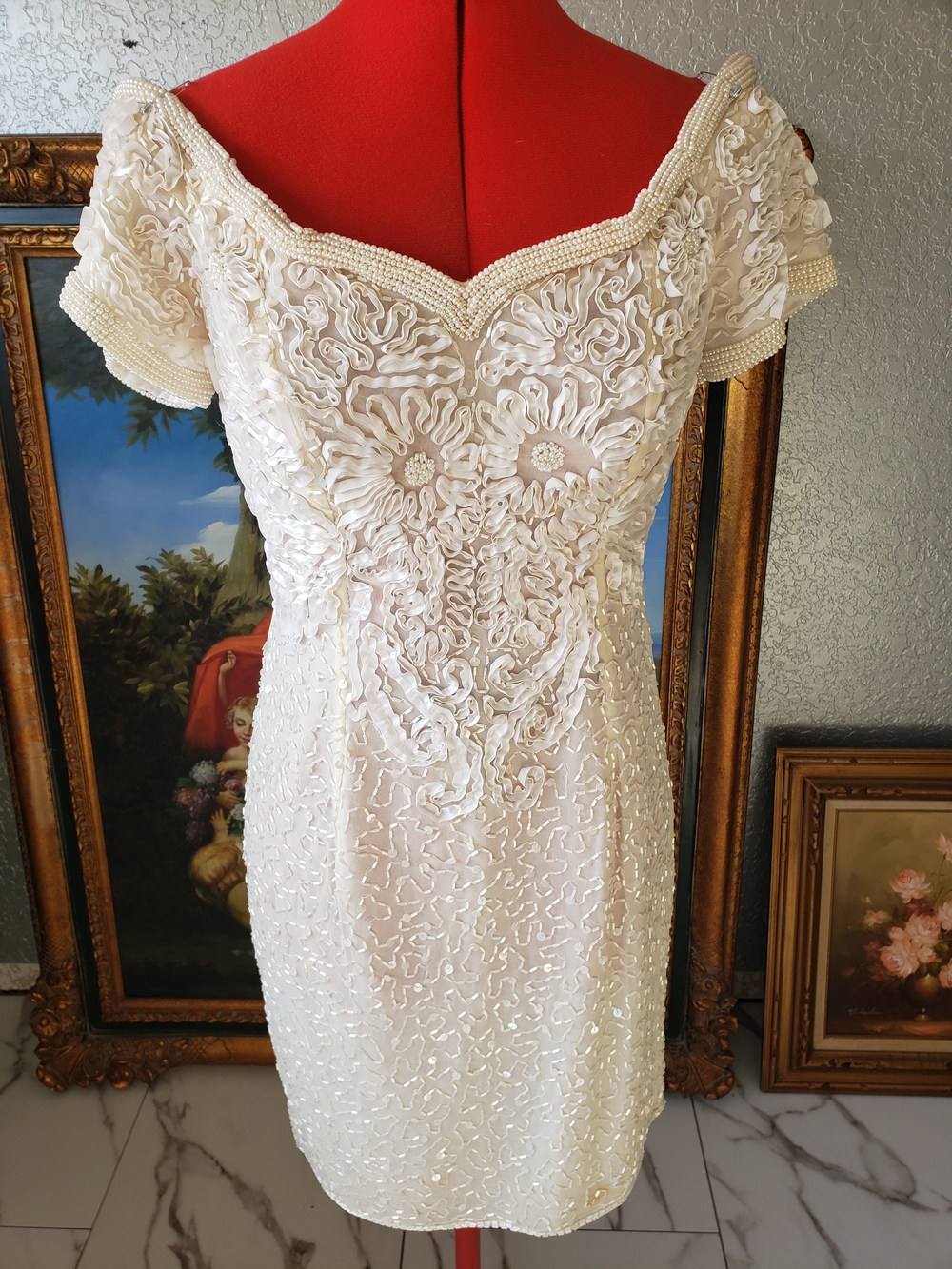 Ivory Beaded Off-Shoulder Mini Dress with Floral Appliqué